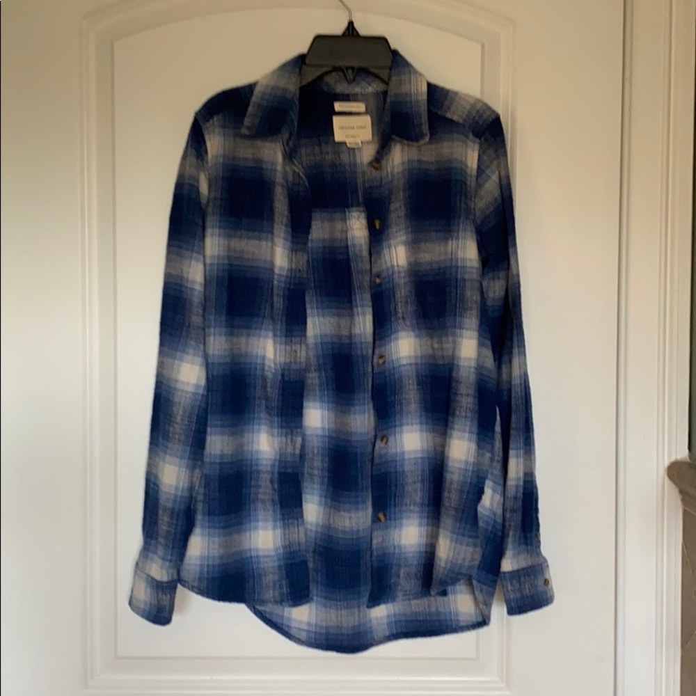 blue and white  button down flannel